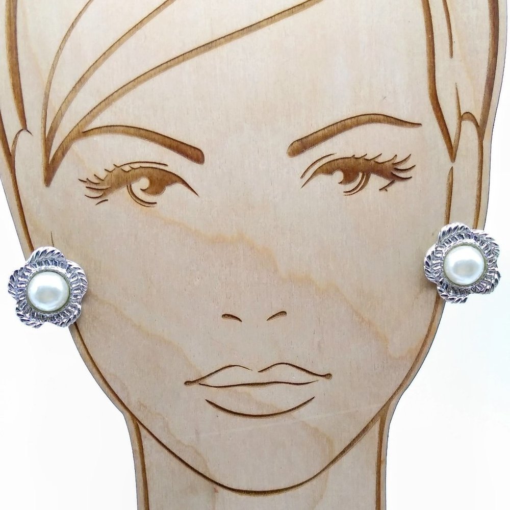 Faux Pearl Floral Button Earrings, Vintage Silver Tone Clip Ons